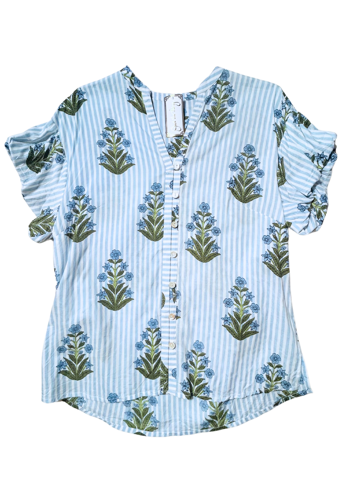 Striped Block Print Short Sleeve Top