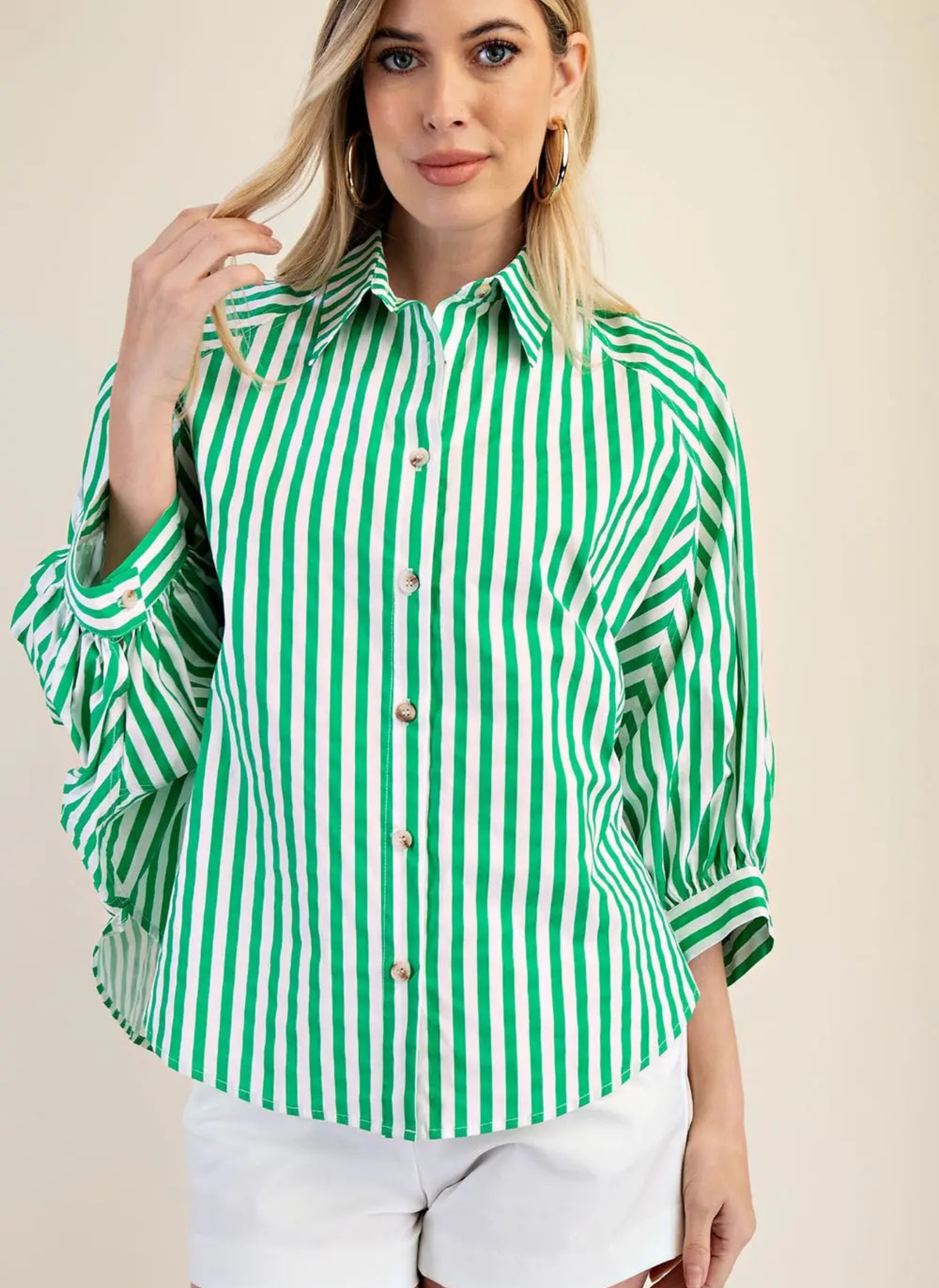 Bubble Button Front Striped Top- Green