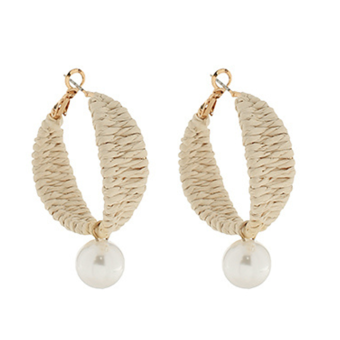 Pearl Drop Raffia Hoop Earrings