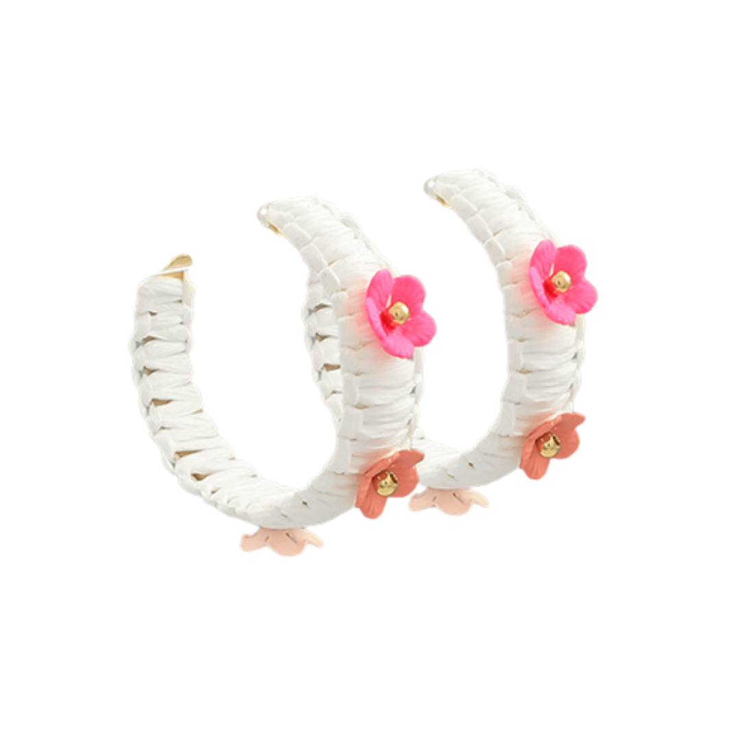 Flower Embellished Raffia Hoop Earrings
