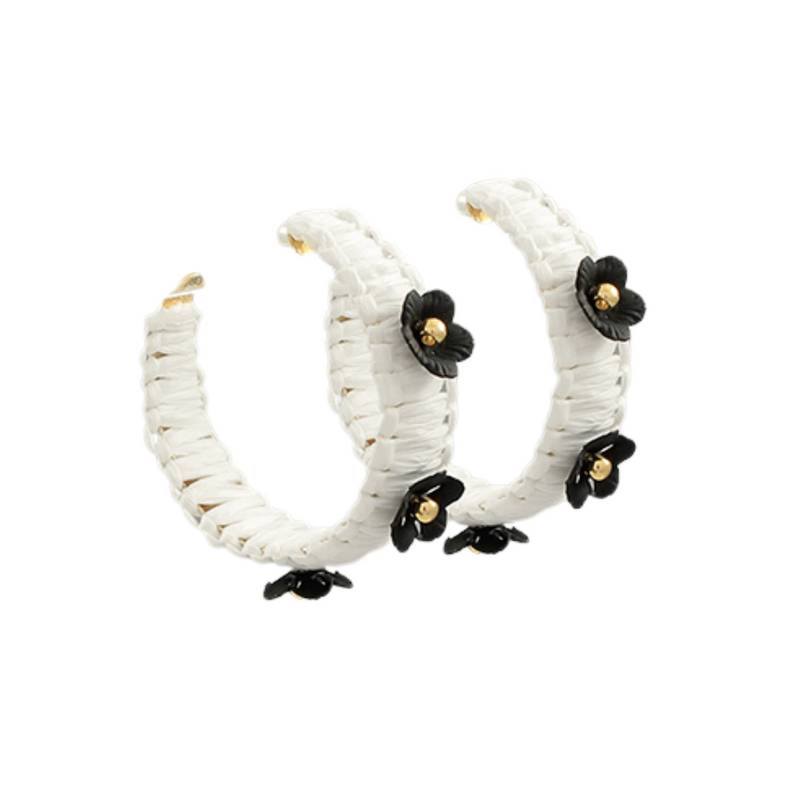 Flower Embellished Raffia Hoop Earrings