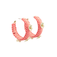 Flower Embellished Raffia Hoop Earrings