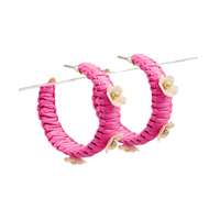 Flower Embellished Raffia Hoop Earrings