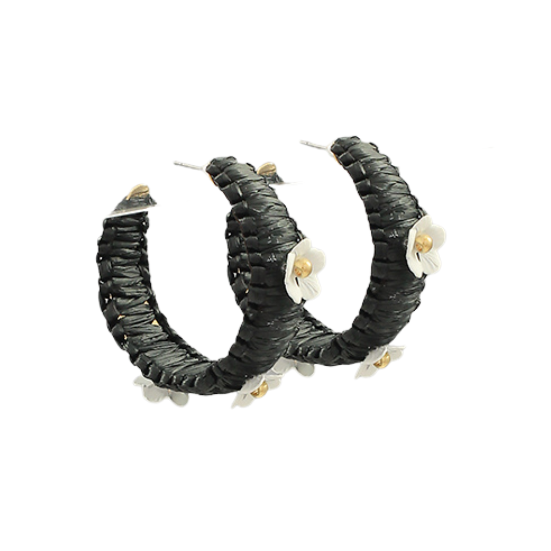 Flower Embellished Raffia Hoop Earrings