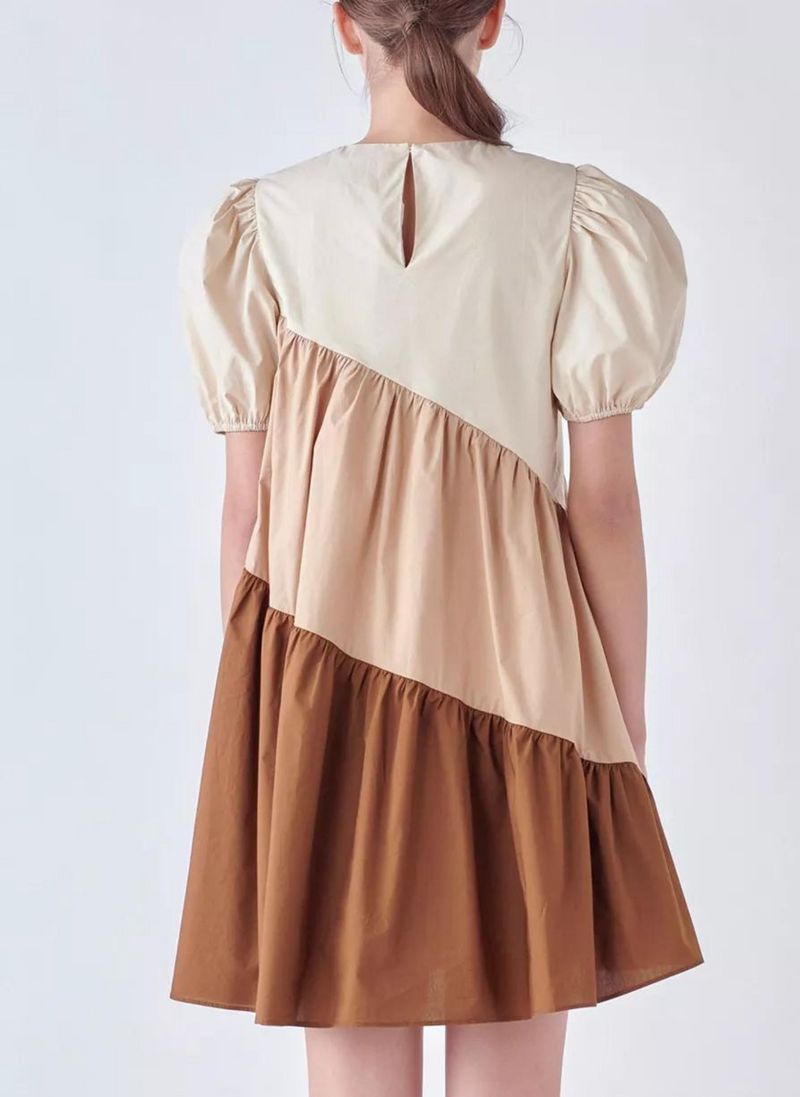 Asymmetrical Colorblock Puff Sleeve Dress