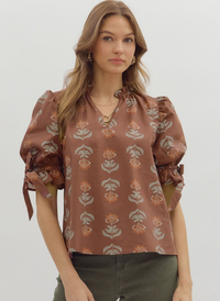 Stamped Floral Bow Blouse