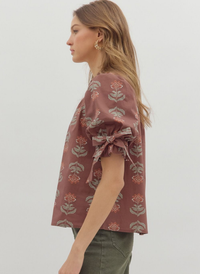 Stamped Floral Bow Blouse