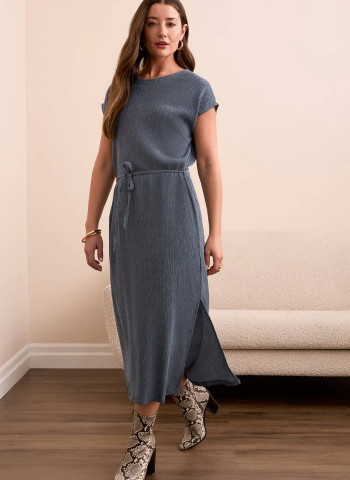 Two-Tone Crink Belted Dress