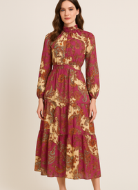 High Neck Paisley Midi Dress