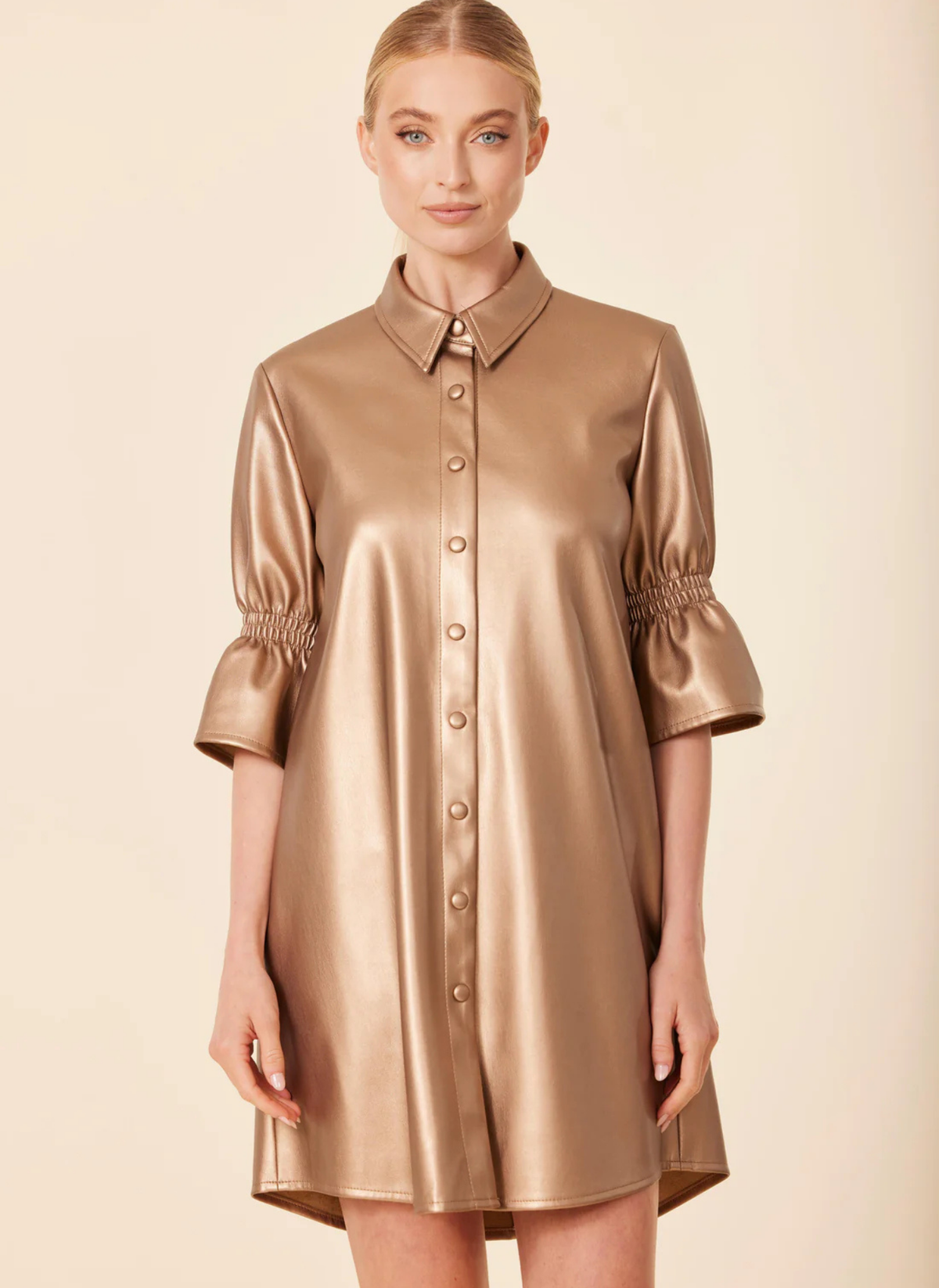 Metallic Vegan Leather Ruffle Sleeve Dress