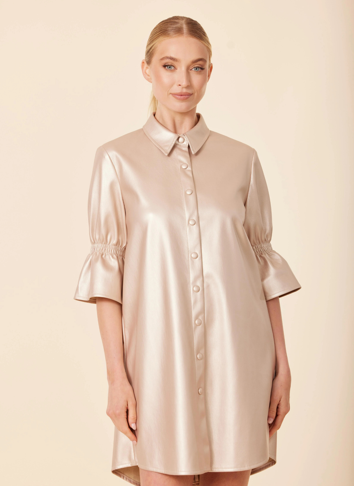 Metallic Vegan Leather Ruffle Sleeve Dress