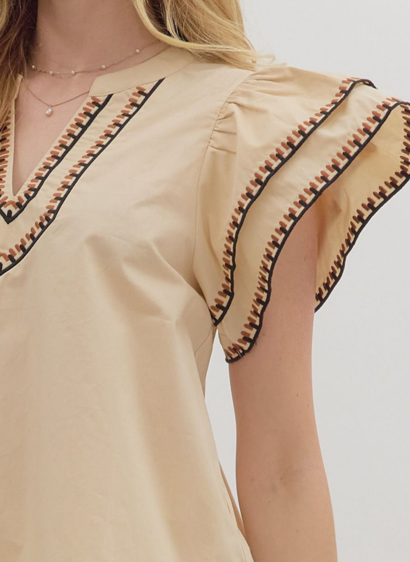 Etched Trim Flutter Sleeve Top