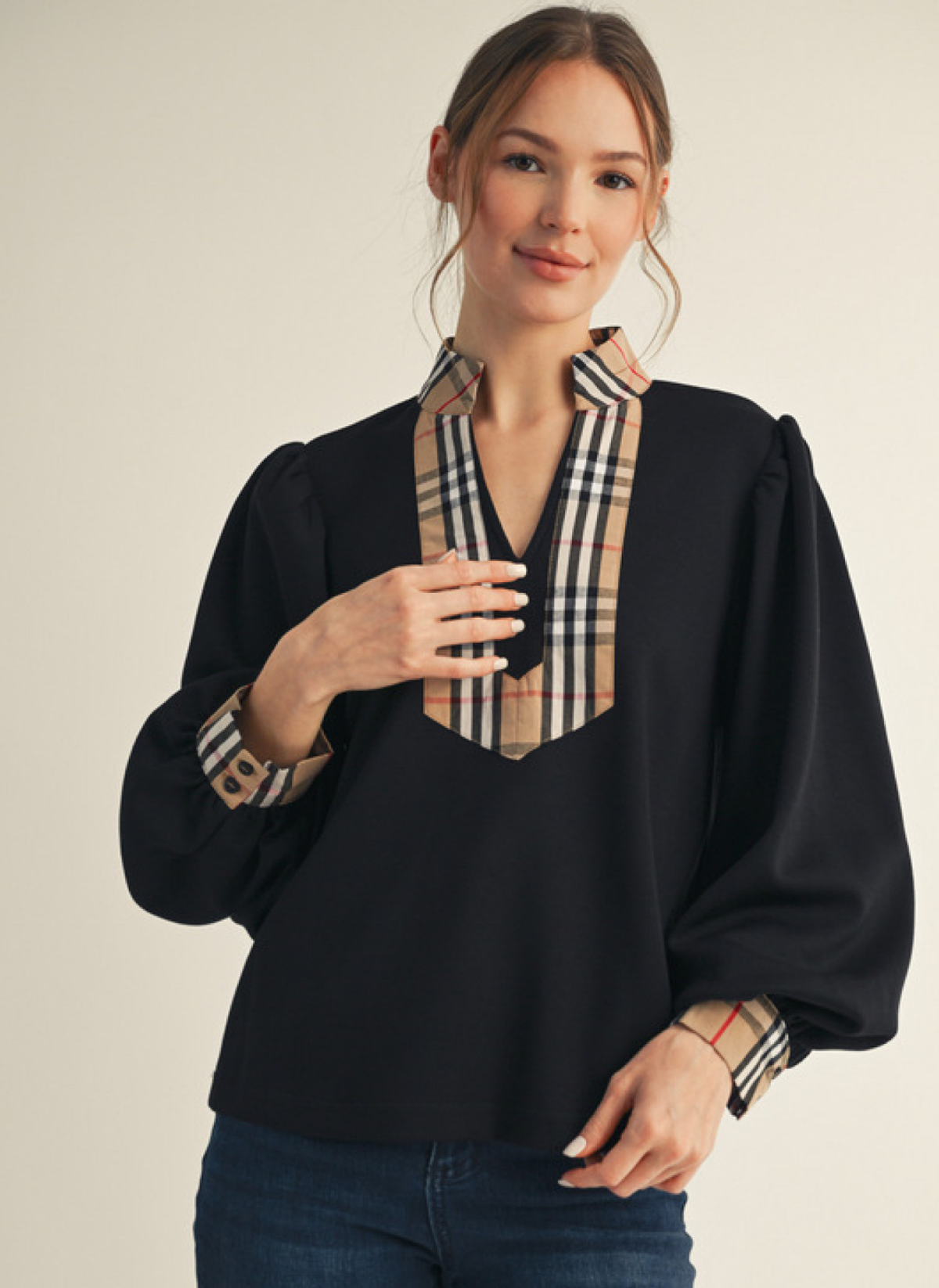 Plaid Trim Blouse