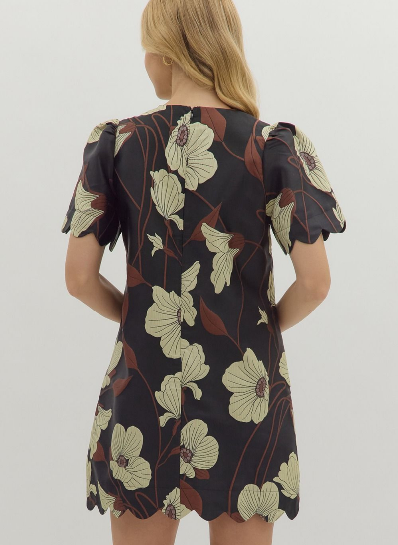 Scalloped Floral Mini Shift Dress