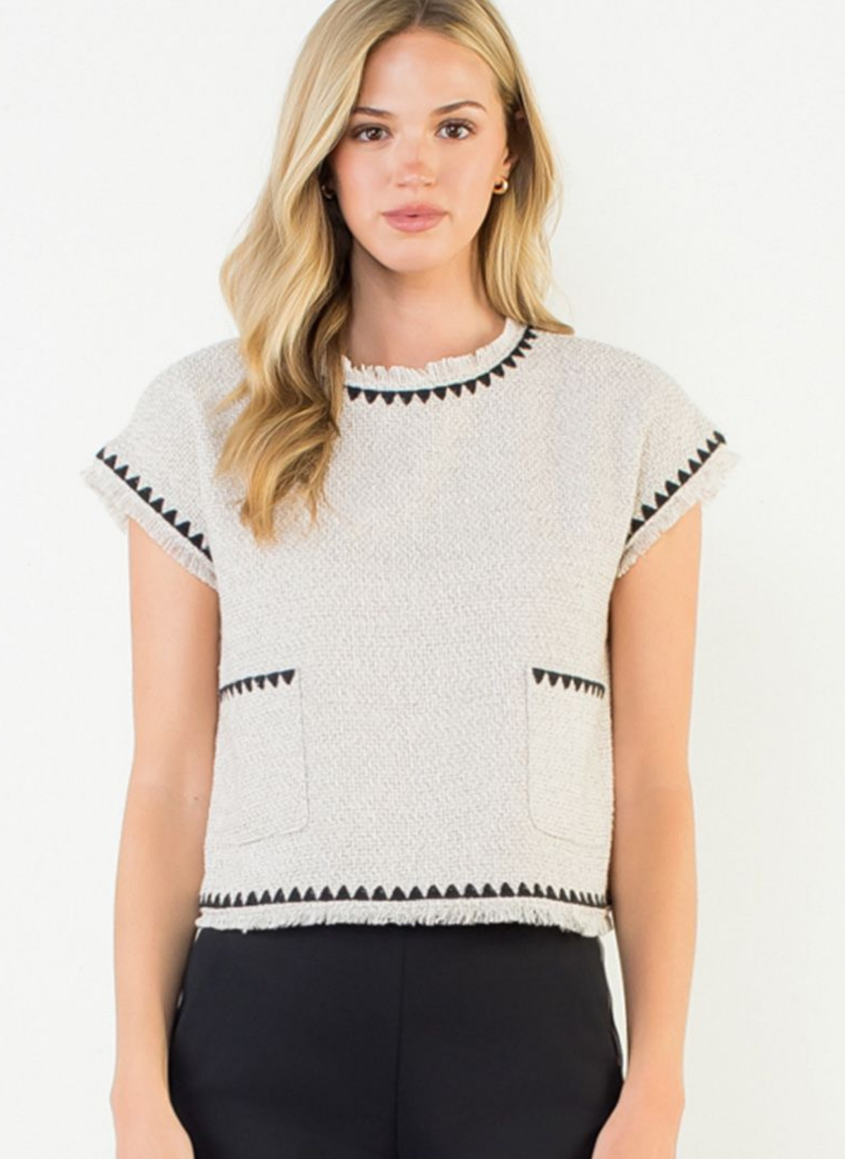Fringe Trim Tweed Pocket Top