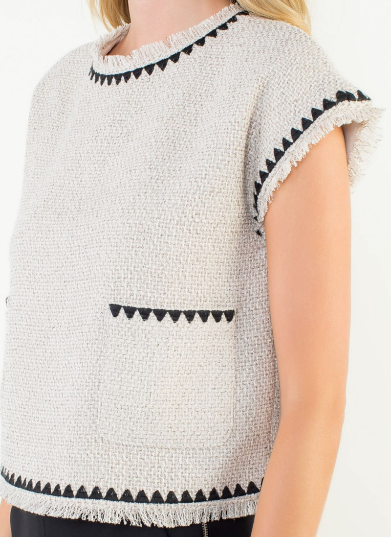 Fringe Trim Tweed Pocket Top