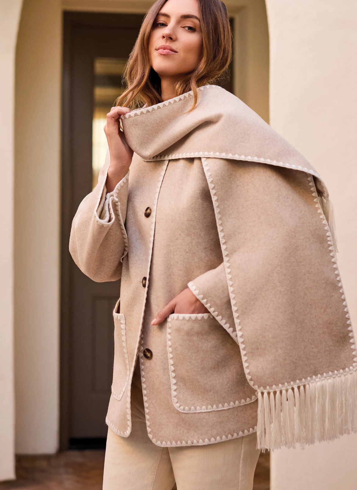 Button-Front Coat with Detachable Scarf