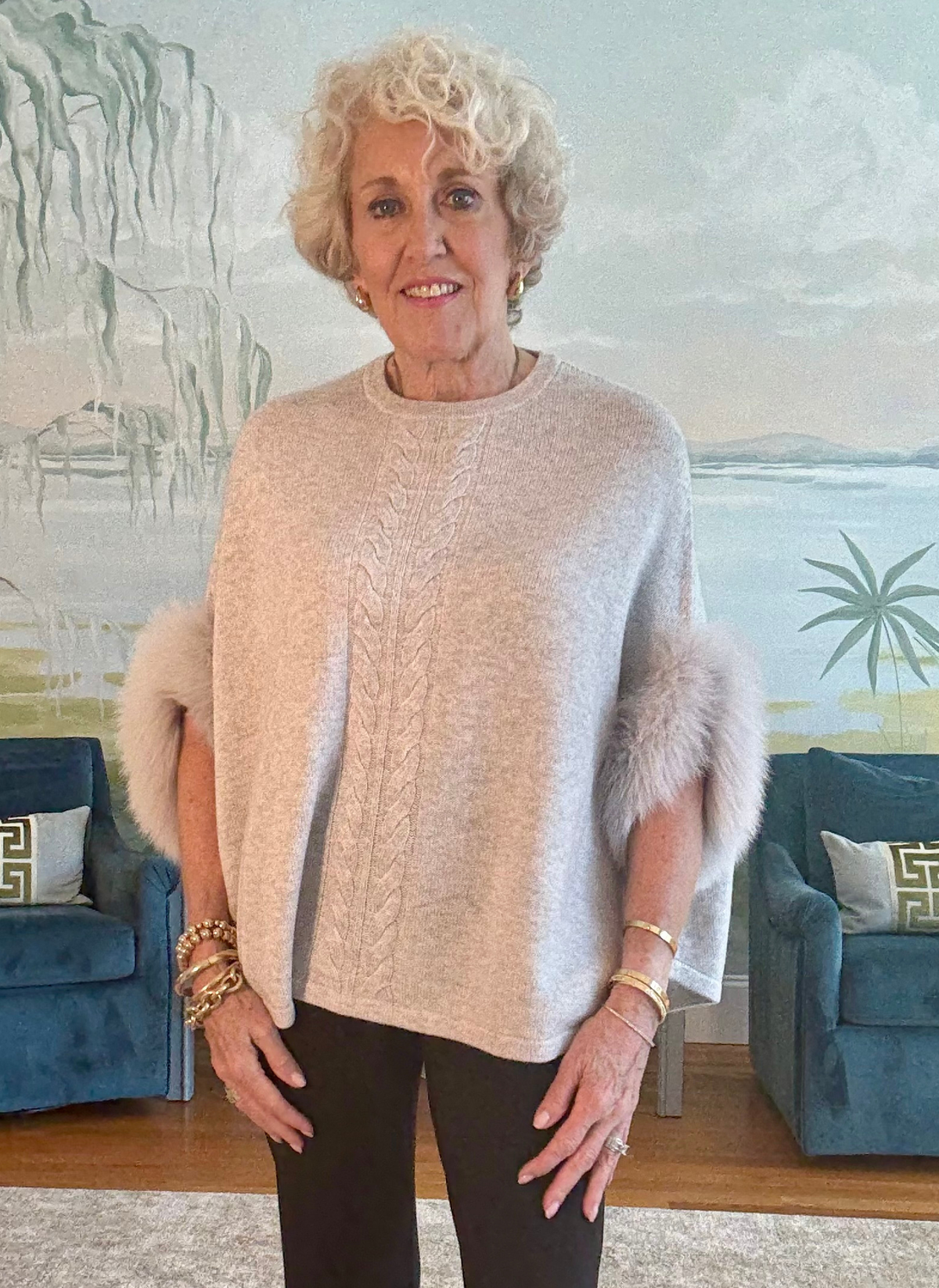 Cable Strip Poncho w/ Fox Fur Trim