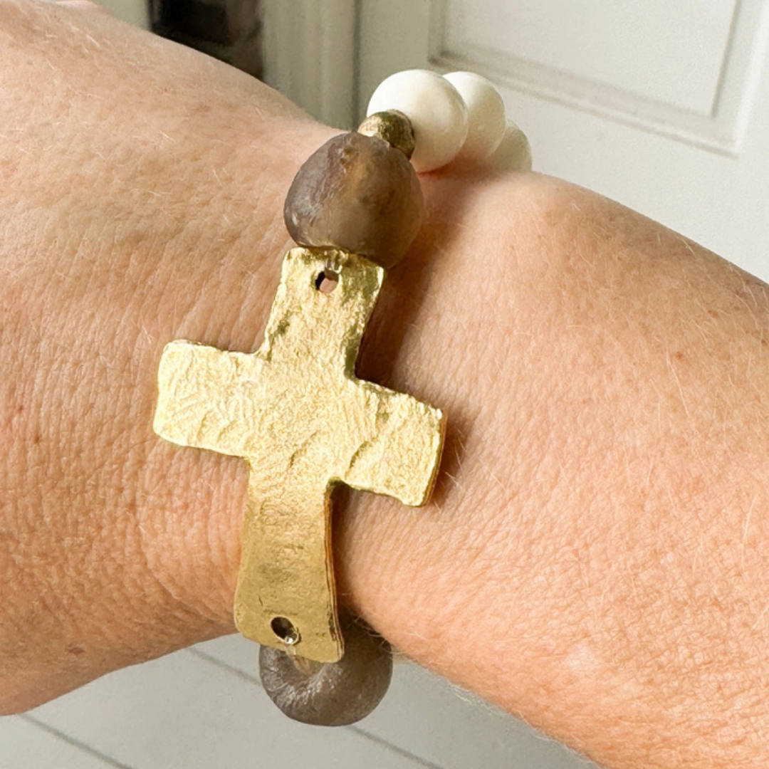 Cross + Glass Bead Stretch Bracelet