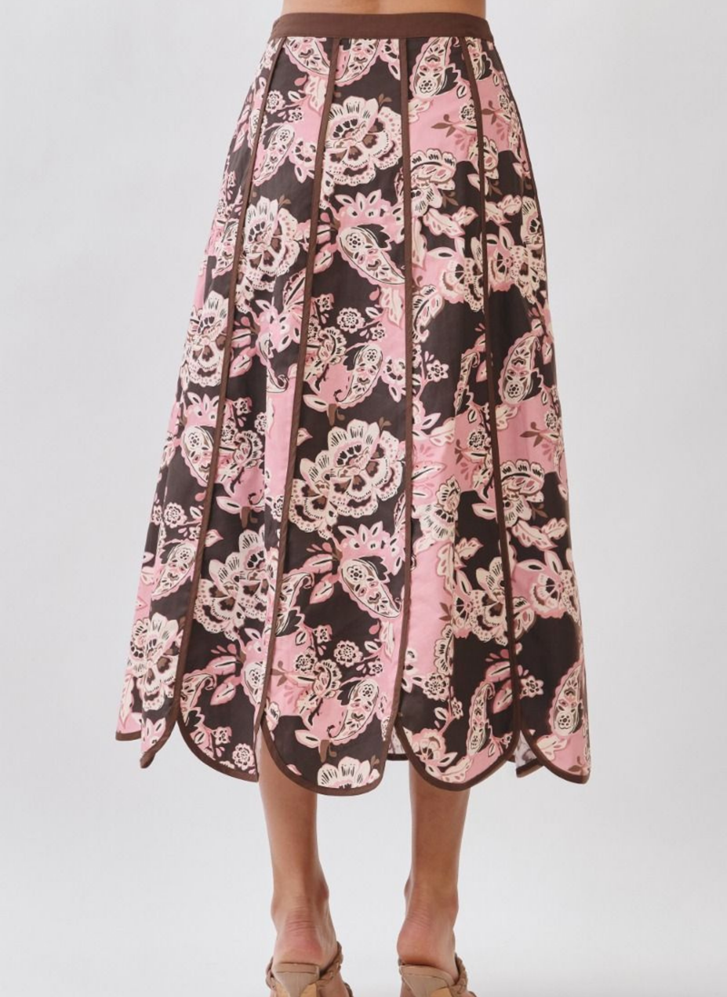 Scallop Hem Floral Midi Skirt