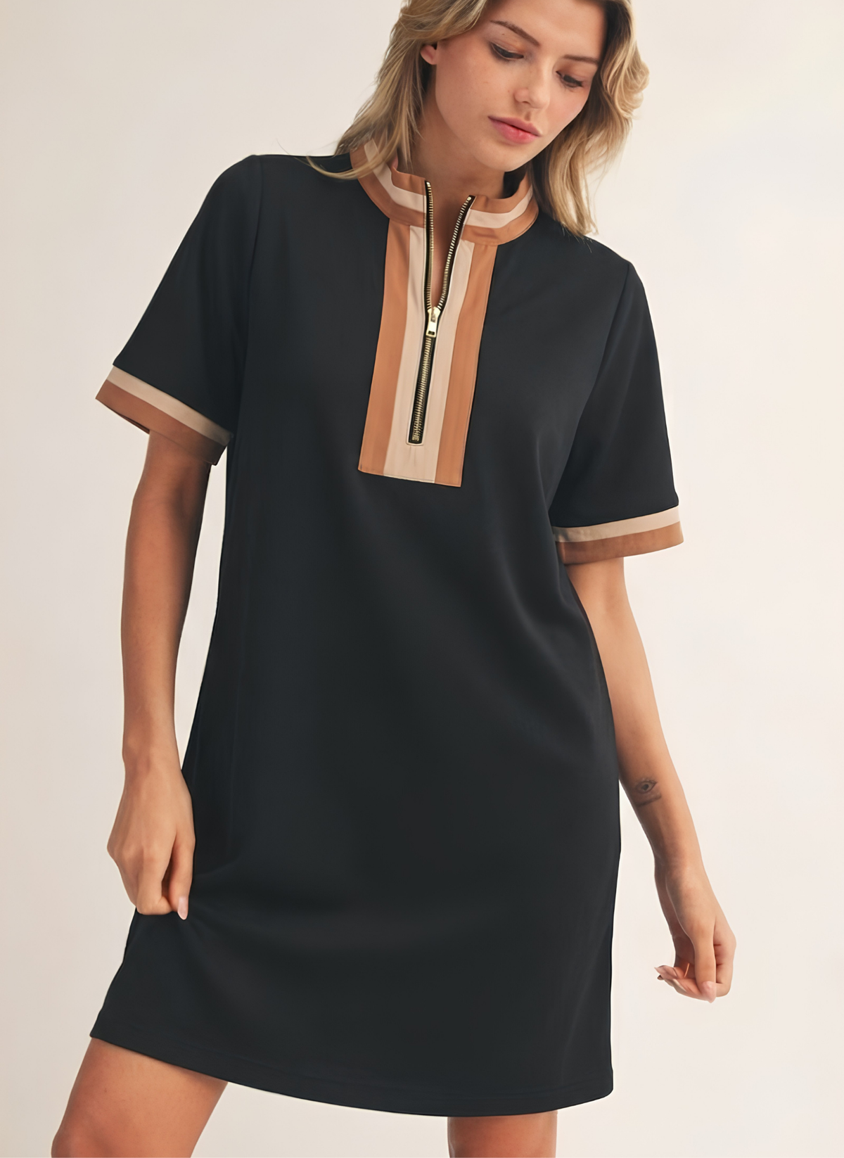 Quarter Zip Trimmed Shirt Dress
