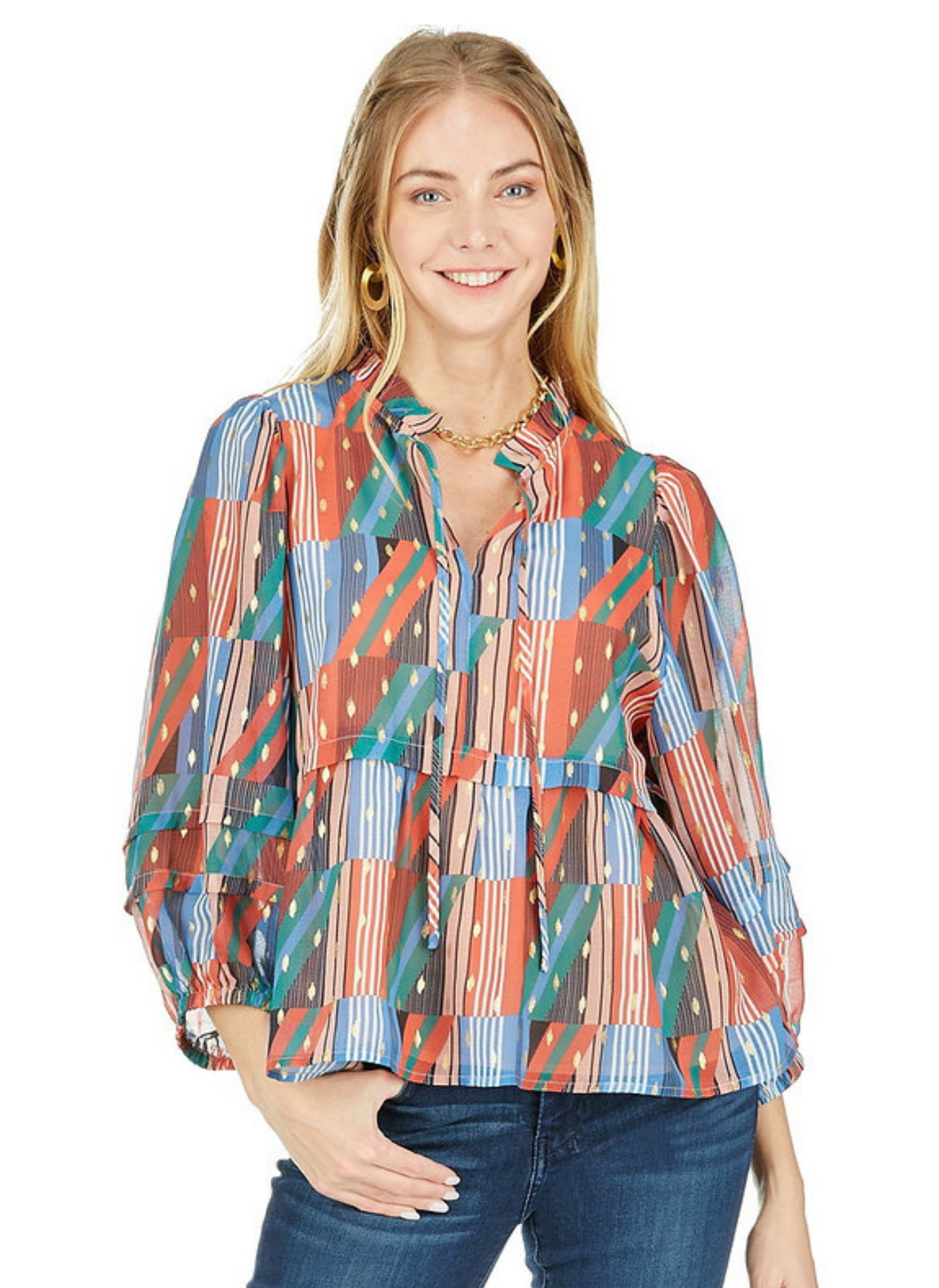 Geo Stripe Peasant Top