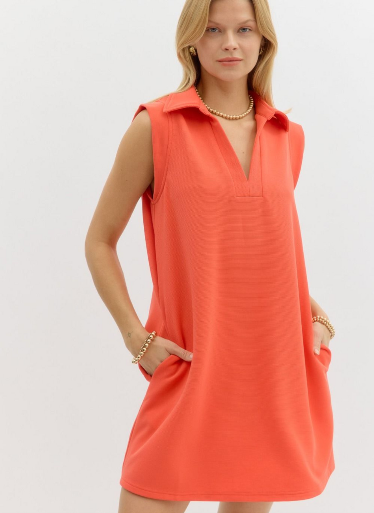 Aubrey Ribbed Shirt Dress- Orange/Red