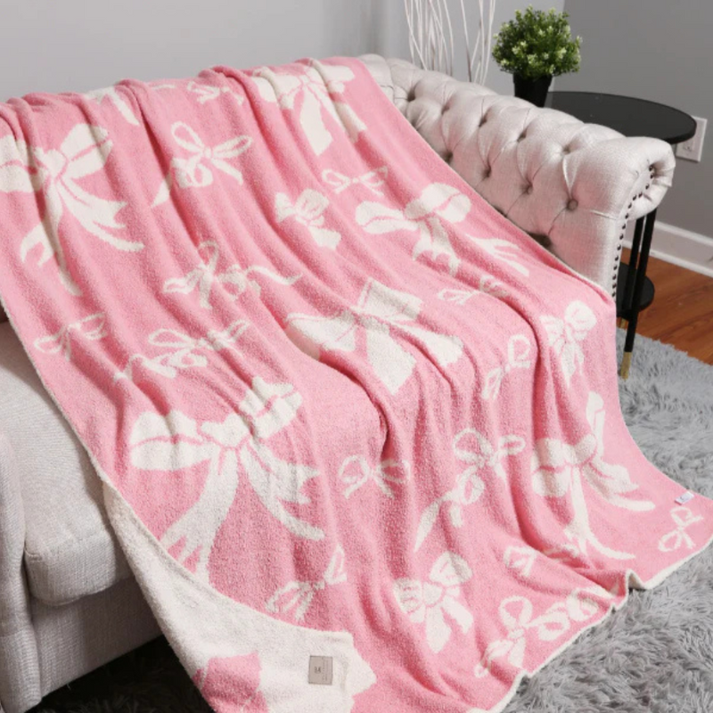 Plush Microfiber Bow Blanket - Ivory + Pink